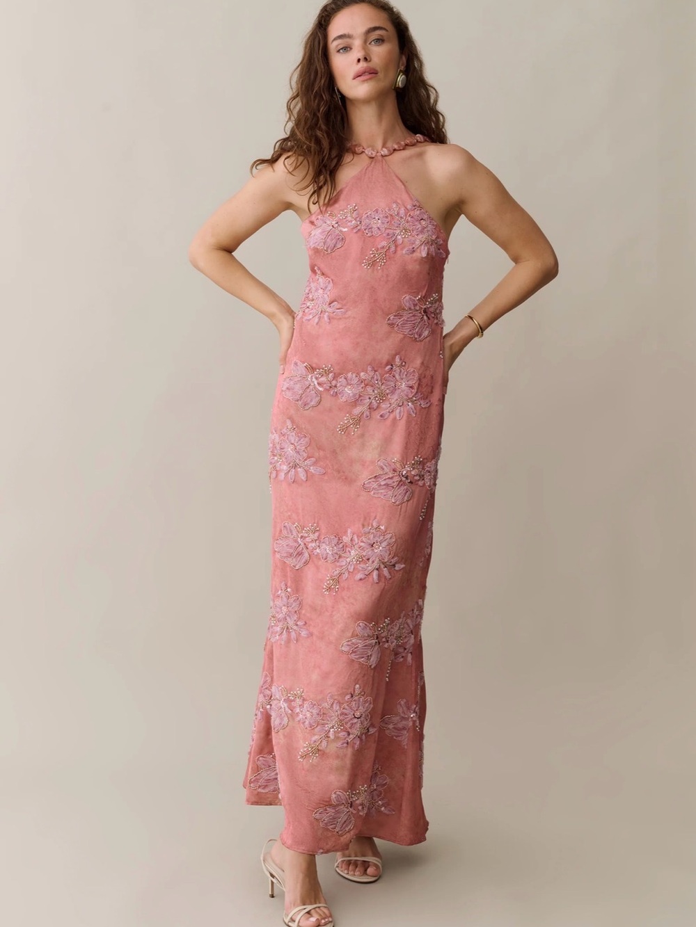 o.p.t Kayda Calida Flor 3D Floral Beaded Halter Maxi Dress 
Size 6 & 8 Available